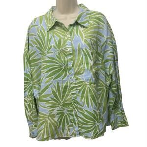 Sigrid Olsen 100% Linen Top Plus Size 1X Green Palm Leaf 3/4 Sleeve Button Shirt